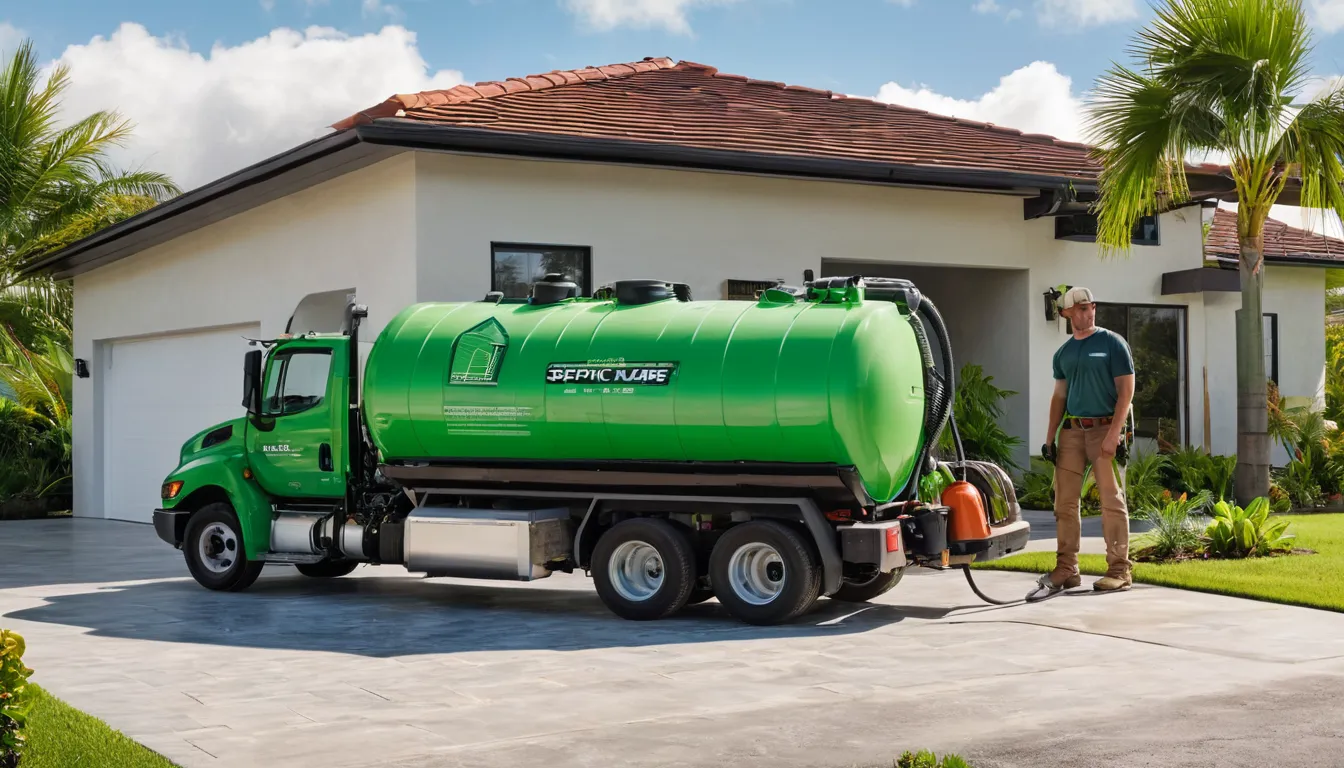 A friendly septic provider pumping a residential tank beside a concrete block home in Tampa