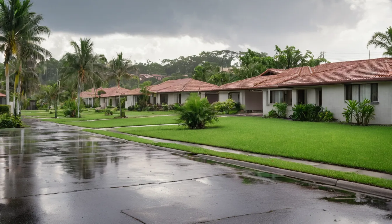 A quiet residential street in Tampa with tile-roofed homes after a summer storm