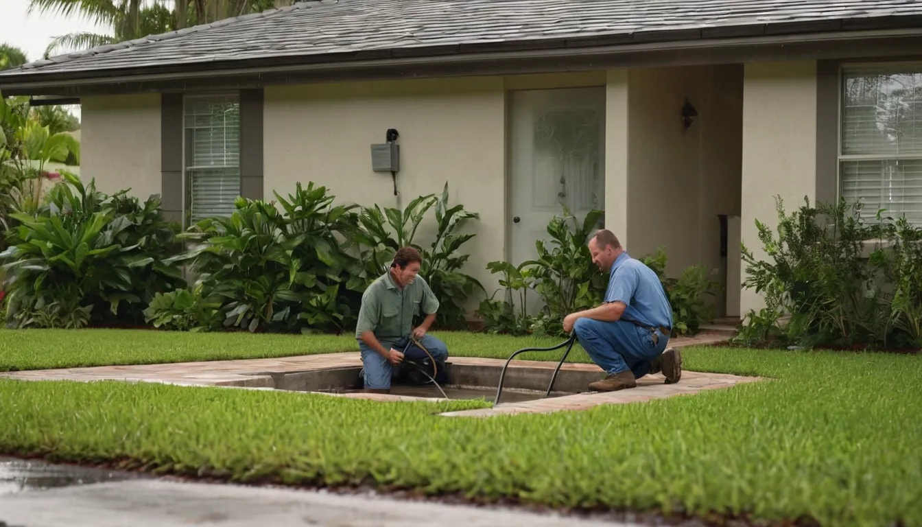A local provider inspecting a sewer cleanout in a front yard in Tampa